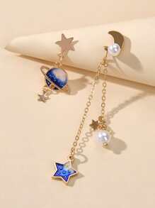 Star & Planet Charm Mismatched Drop Earrings - Yellow Gold - View 1