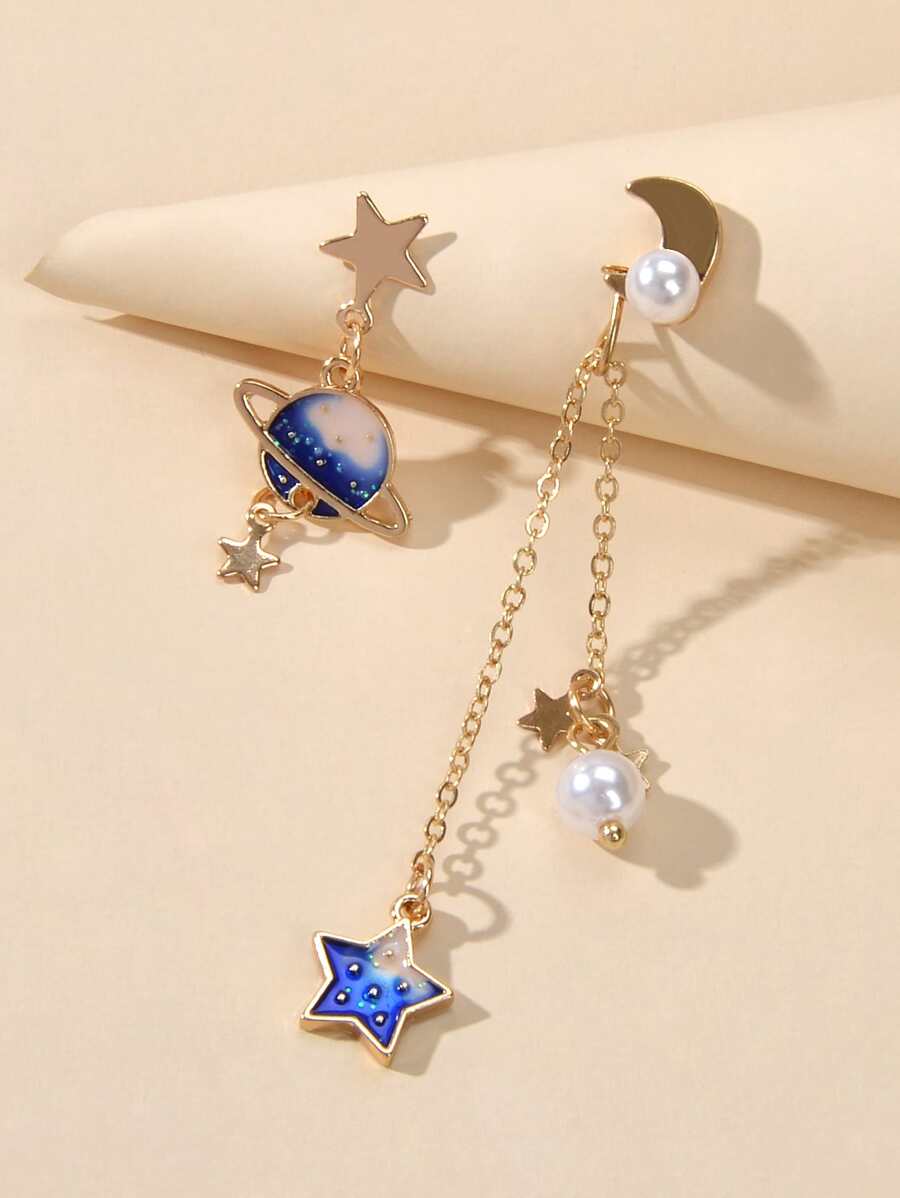 Star & Planet Charm Mismatched Drop Earrings - Yellow Gold - View 1