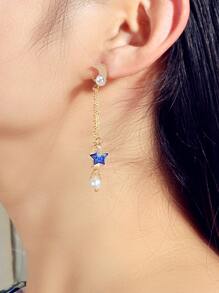 Star & Planet Charm Mismatched Drop Earrings - Yellow Gold - View 2