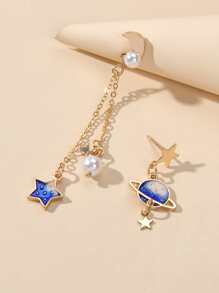 Star & Planet Charm Mismatched Drop Earrings - Yellow Gold - View 3