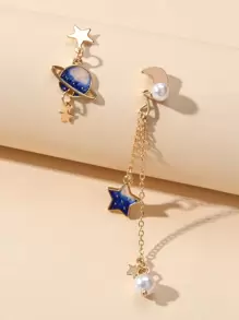 Star & Planet Charm Mismatched Drop Earrings - Yellow Gold - View 4