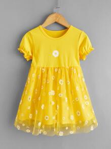 Toddler Girls Floral Contrast Mesh Smock Dress