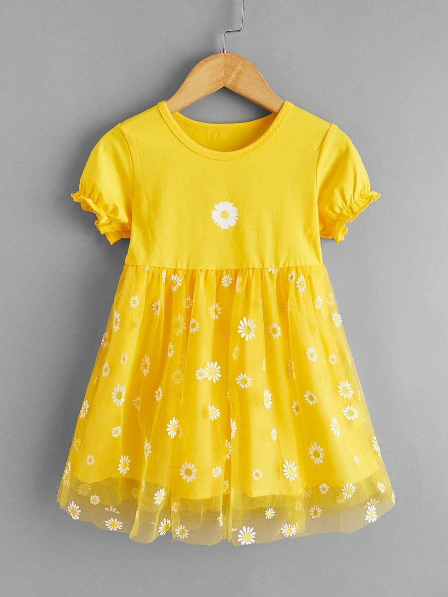 Toddler Girls Floral Contrast Mesh Smock Dress