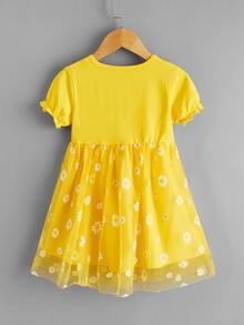 Toddler Girls Floral Contrast Mesh Smock Dress