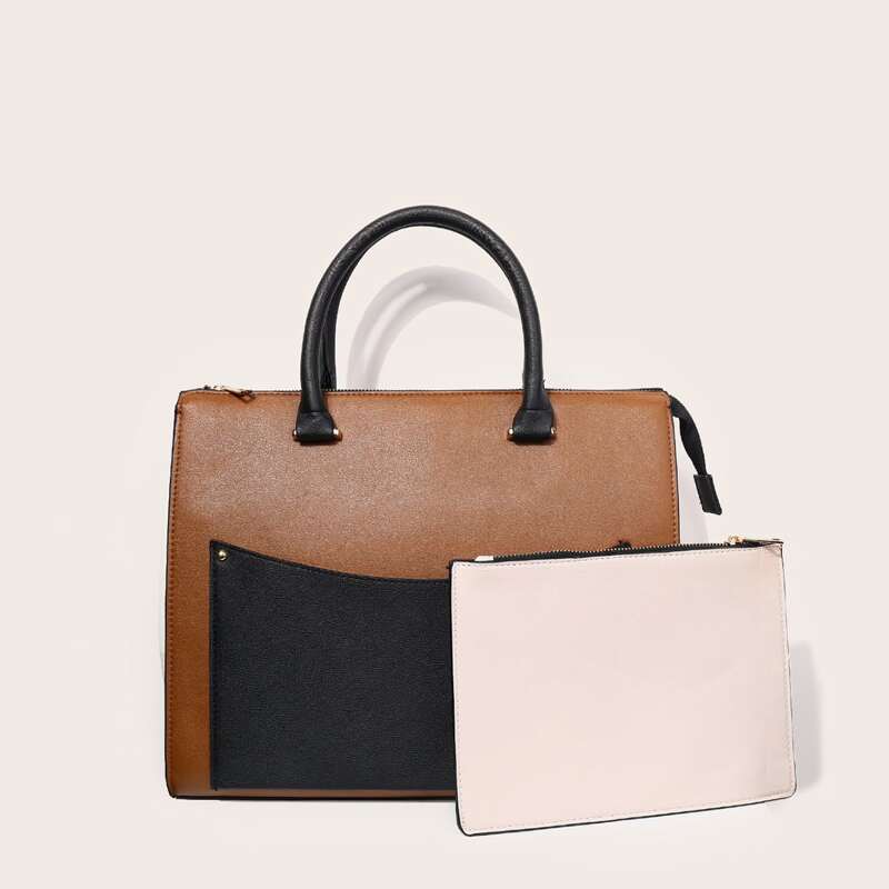

Colorblock Tote Bag With Clutch, Multicolor