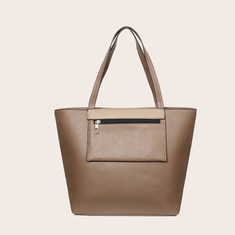 

Solid Zip Pocket Tote Bag, Mocha brown
