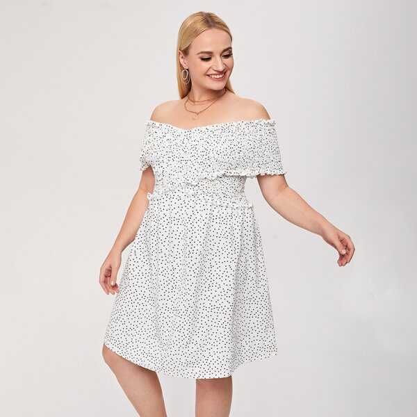 

Plus Polka Dot Shirred Bardot Dress, White