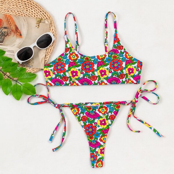 

Floral Random Print Thong Bikini Swimsuit, Multicolor