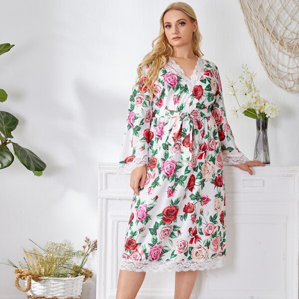 

Plus Lace Trim Allover Floral Belted Night Dress, Multicolor