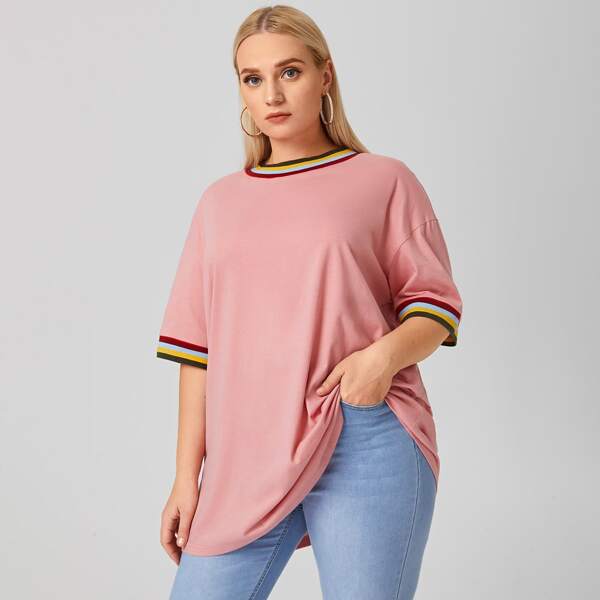 

Plus Striped Drop Shoulder Tee, Dusty pink