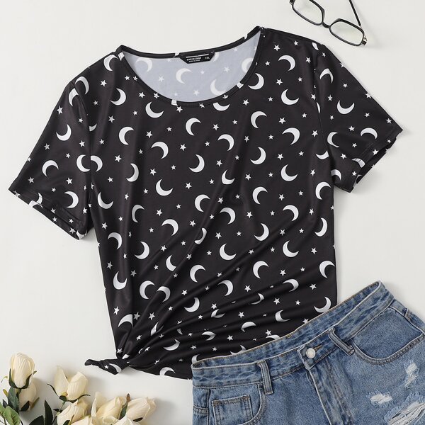 

Plus Allover Star & Moon Print Tee, Black
