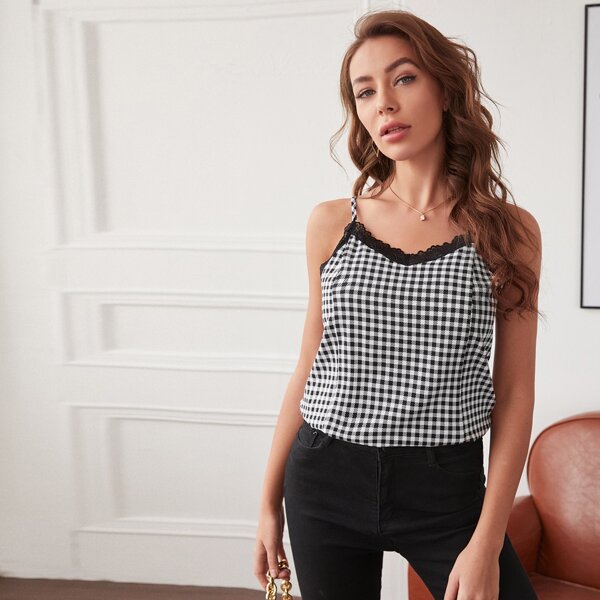 

Lace Trim Gingham Print Cami Top, Black and white