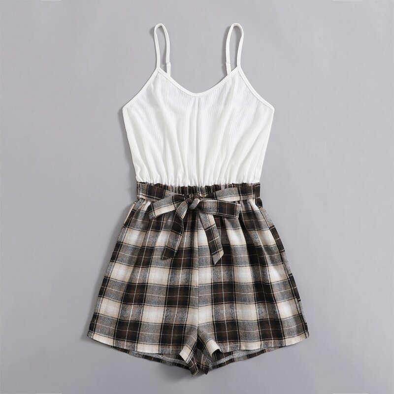 

Plaid Tie Front Cami Romper, Multicolor