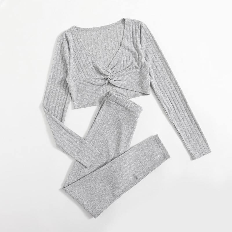 

Solid Twist Ribbed Crop Tee & Pants, Light grey