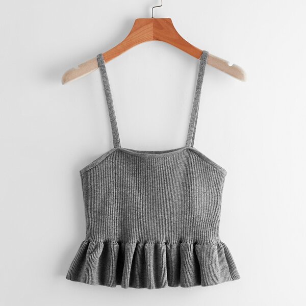

Ruffle Hem Solid Cami Knit Top, Dark grey