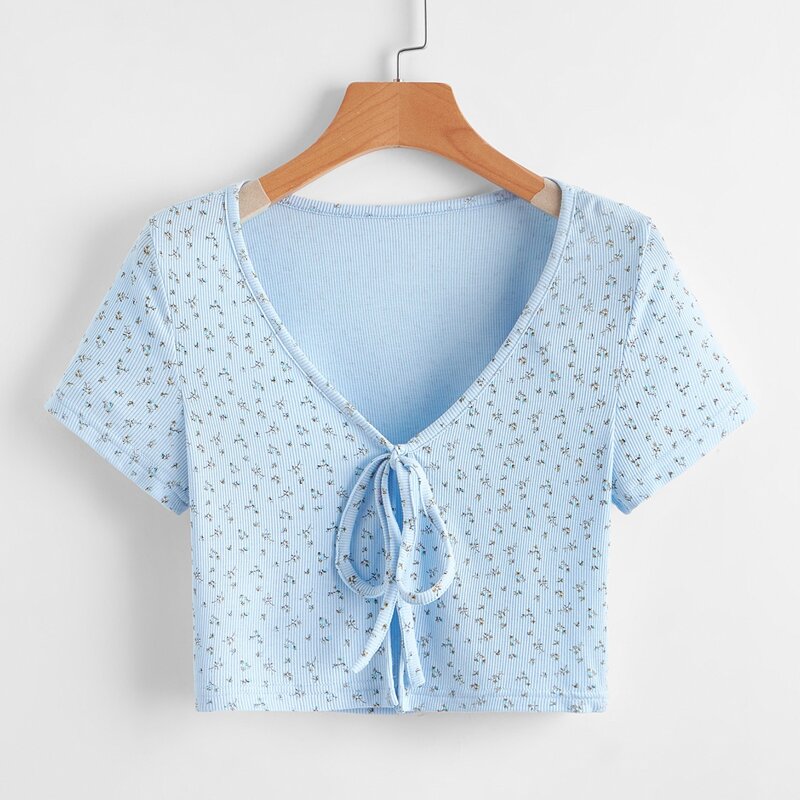 

Tie Front Ditsy Floral Crop Top, Baby blue