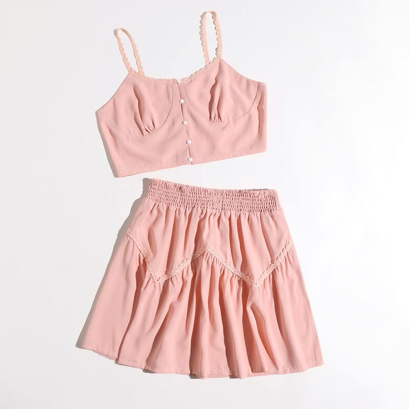 

Faux-pearl Front Cami & Lace Trim Skirt, Coral pink