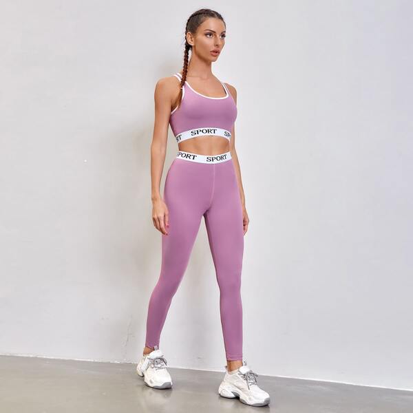 

Racer Back Letter Graphic Sports Bra & Leggings, Lilac purple