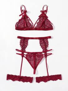 Classic Sexy Floral Lace Harness Garter Lingerie Set - Burgundy - View 2