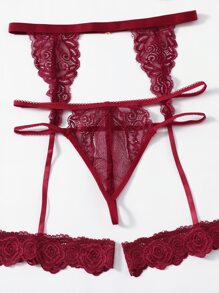 Classic Sexy Floral Lace Harness Garter Lingerie Set - Burgundy - View 4