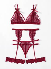 Classic Sexy Floral Lace Harness Garter Lingerie Set - Burgundy - View 5