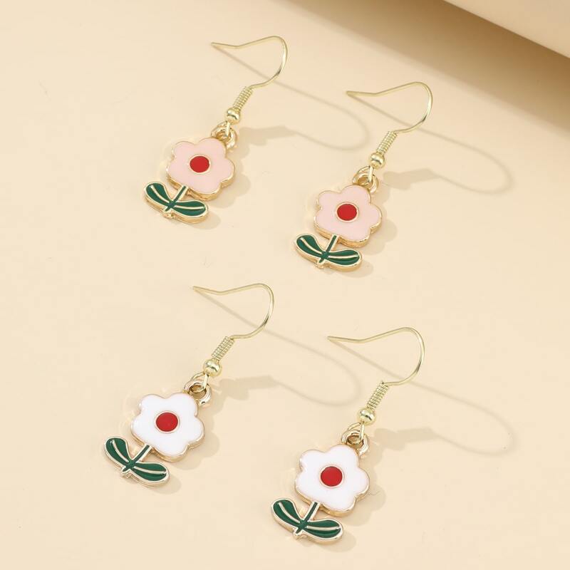 

2pairs Floral Drop Earrings, Multicolor