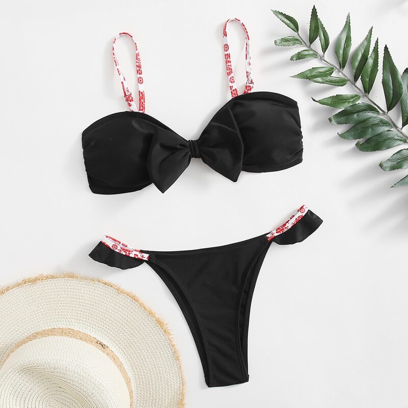 

Bow Decor Thong Bikini Swimsuit, Black