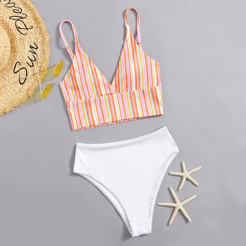 

Stripe High Waist Bikini Swimsuit, Multicolor
