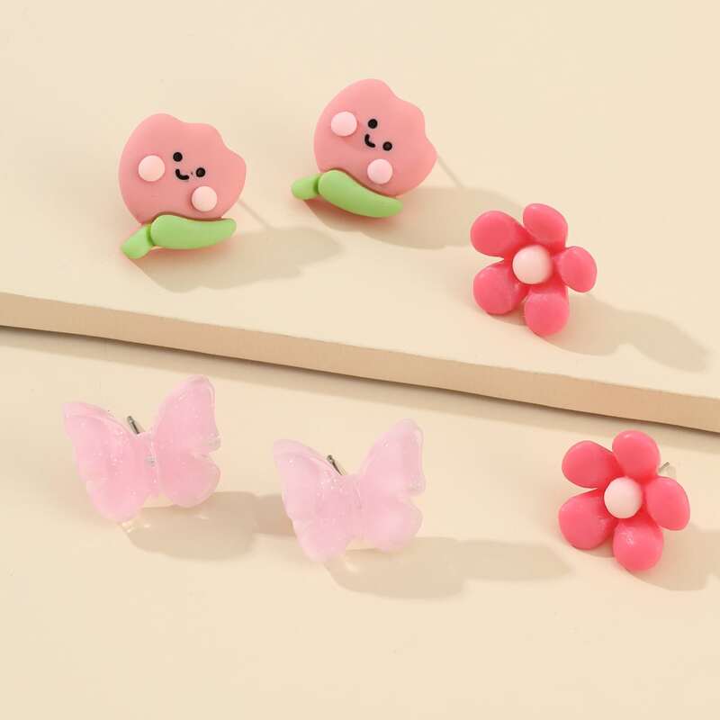 

3pairs Butterfly & Floral Stud Earrings, Pink