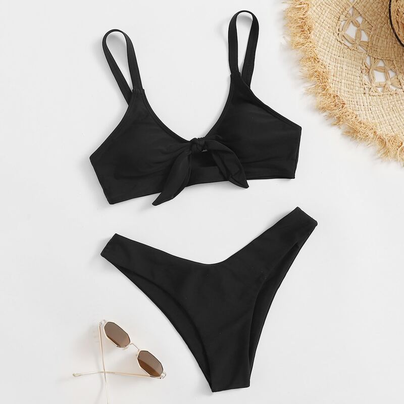 

Knot Decor High Leg Bikini Swimsuit, Black