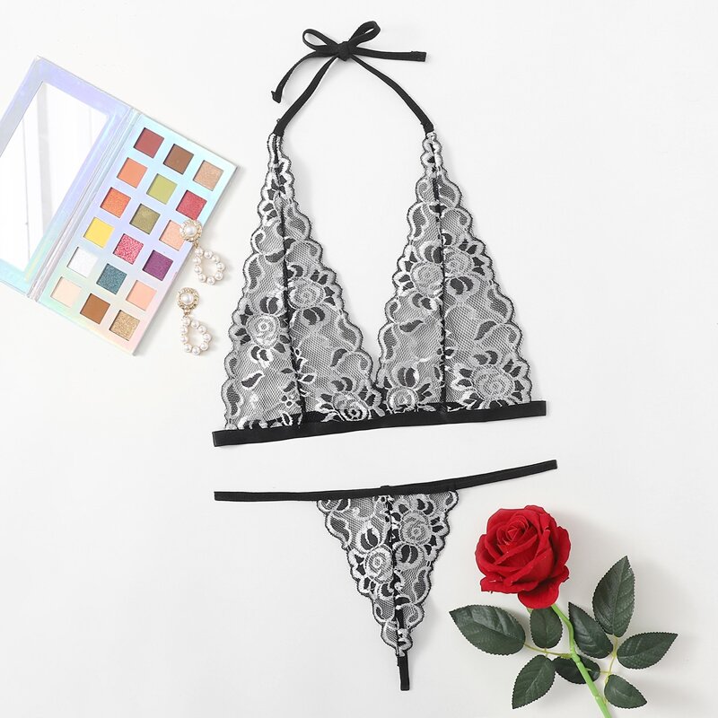 

Floral Lace Sheer Lingerie Set, Black and white