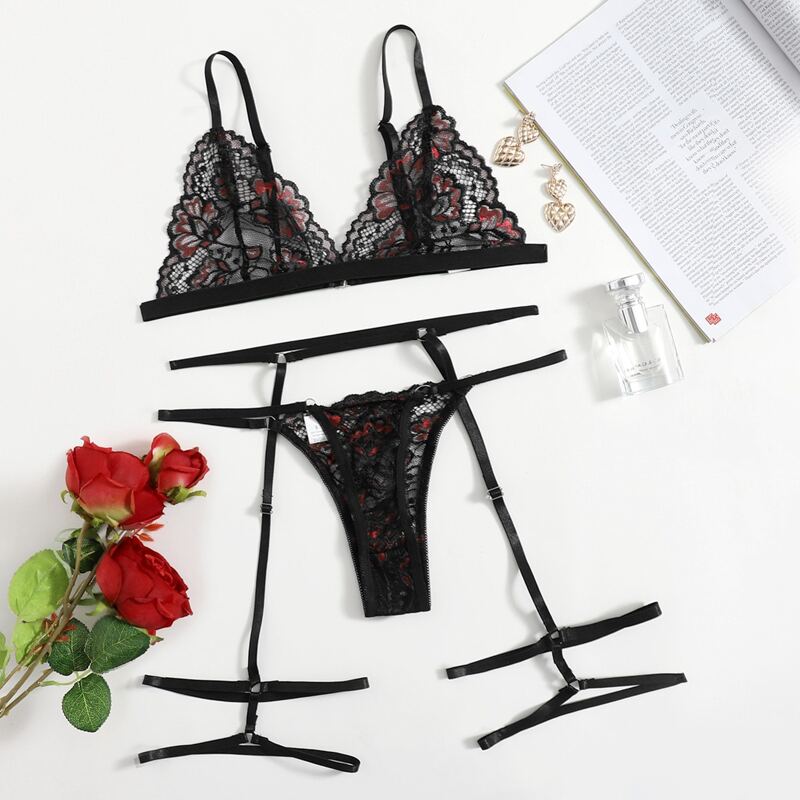 

Floral Lace Garter Lingerie Set, Black