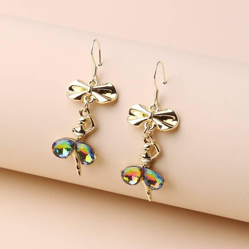 

Bow & Crystal Drop Earrings, Gold