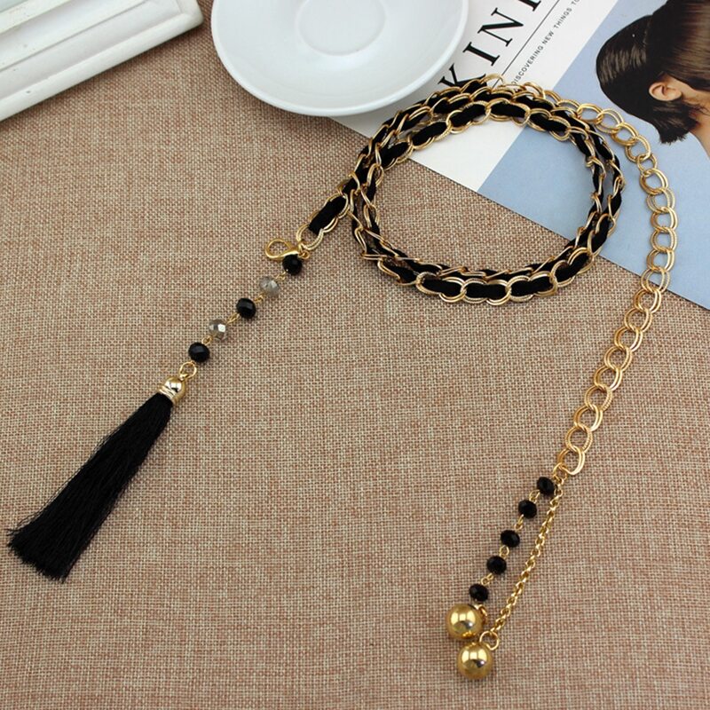 

Fringe Beaded Chain Belt, Black