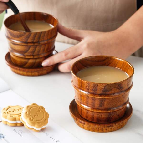 

1pc Wooden Cup & 1pc Lid & 1pc Spoon, Brown