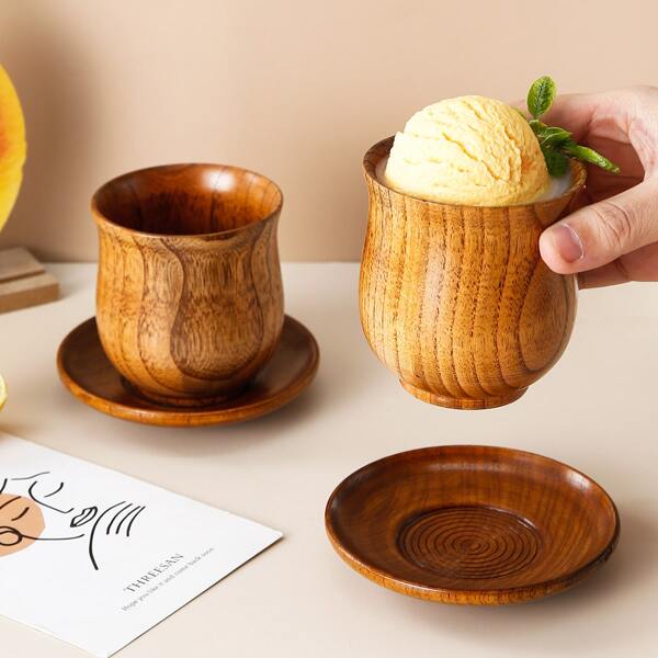 

2pcs Wooden Tea Cup & Saucer Set, Brown