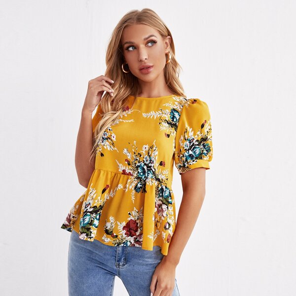 

Floral Puff Sleeve Ruffle Hem Top, Multicolor