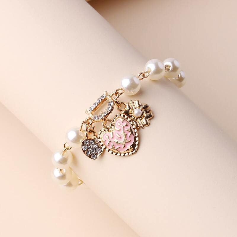 

Heart Charm Faux Pearl Bracelet, Gold