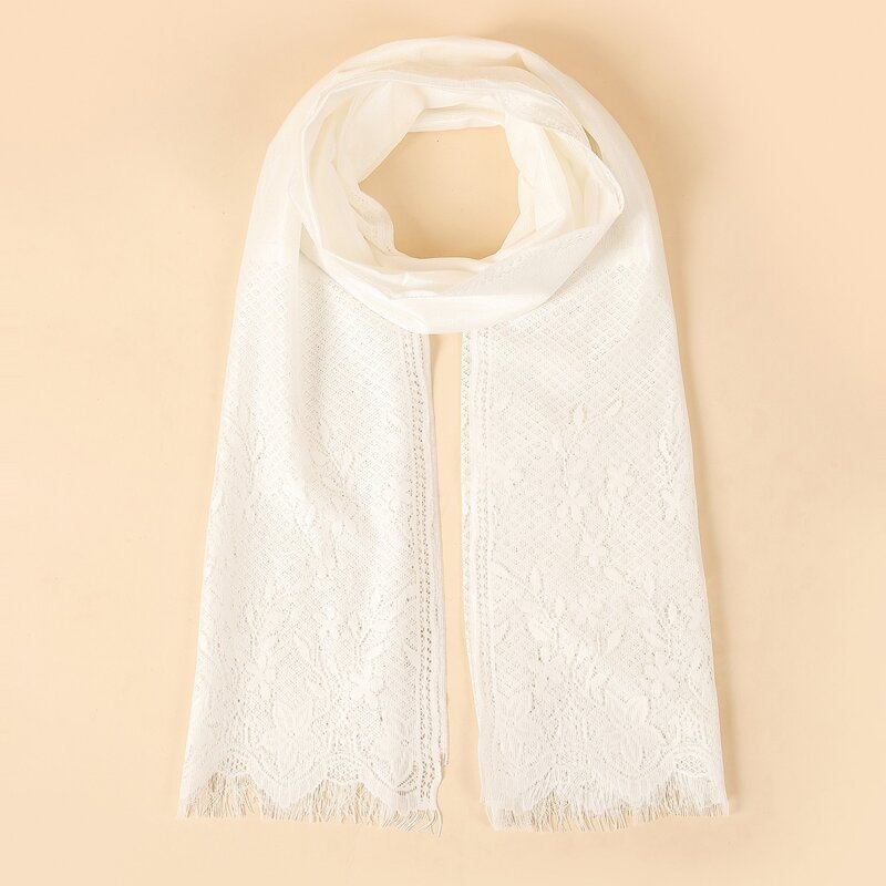 

Flower Pattern Raw Hem Scarf, White