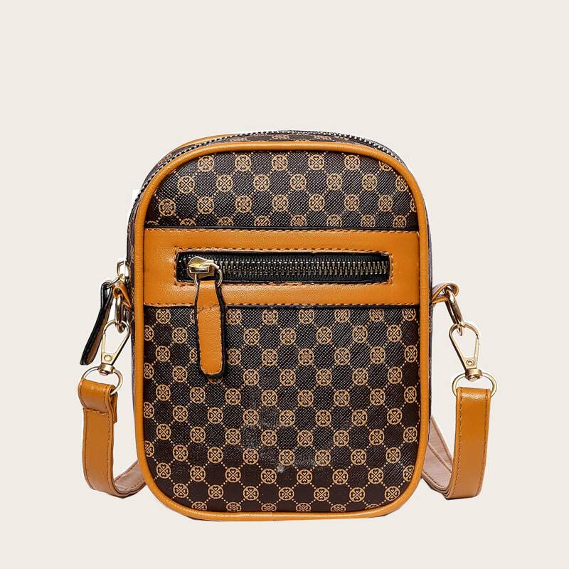 

Zip Front Graphic Crossbody Bag, Brown