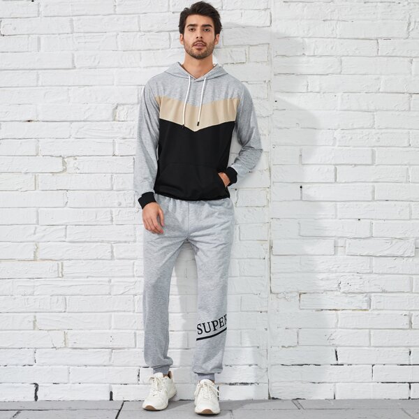 

Men Cut And Sew Hoodie & Letter Graphic Sweatpants, Multicolor