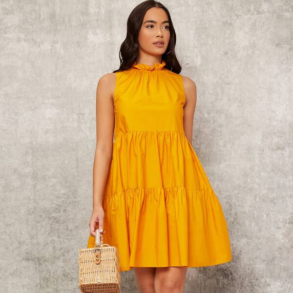 

Mock Neck Ruffle Hem Solid Dress, Mustard yellow