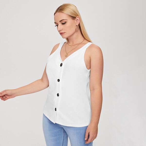 

Plus Button Front Tank Top, White