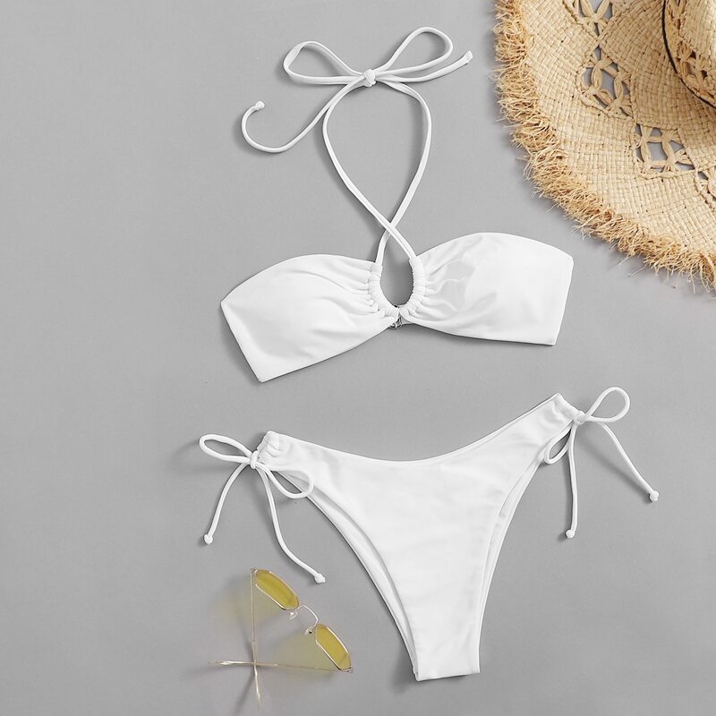 

Drawstring Halter Bikini Swimsuit, White