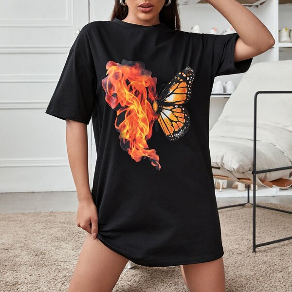 

Fire & Butterfly Print Tee Dress, Black