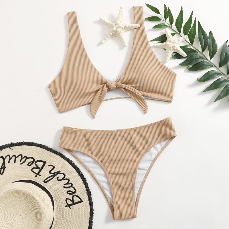 

Ribbed Knot Decor Bikini Swimsuit, Khaki