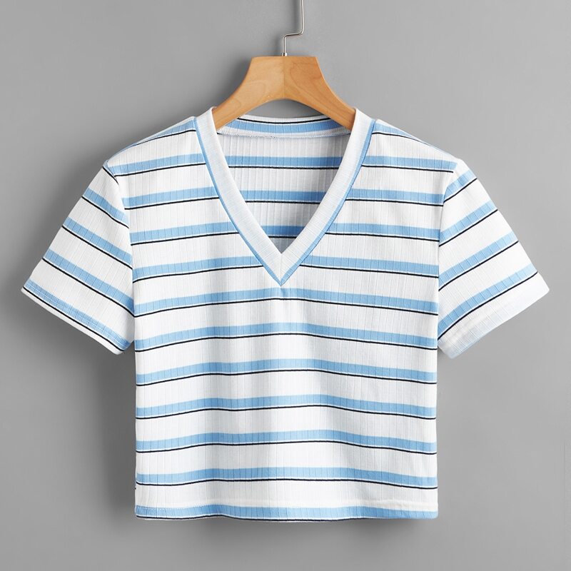 

V Neck Striped Crop Tee, Blue and white