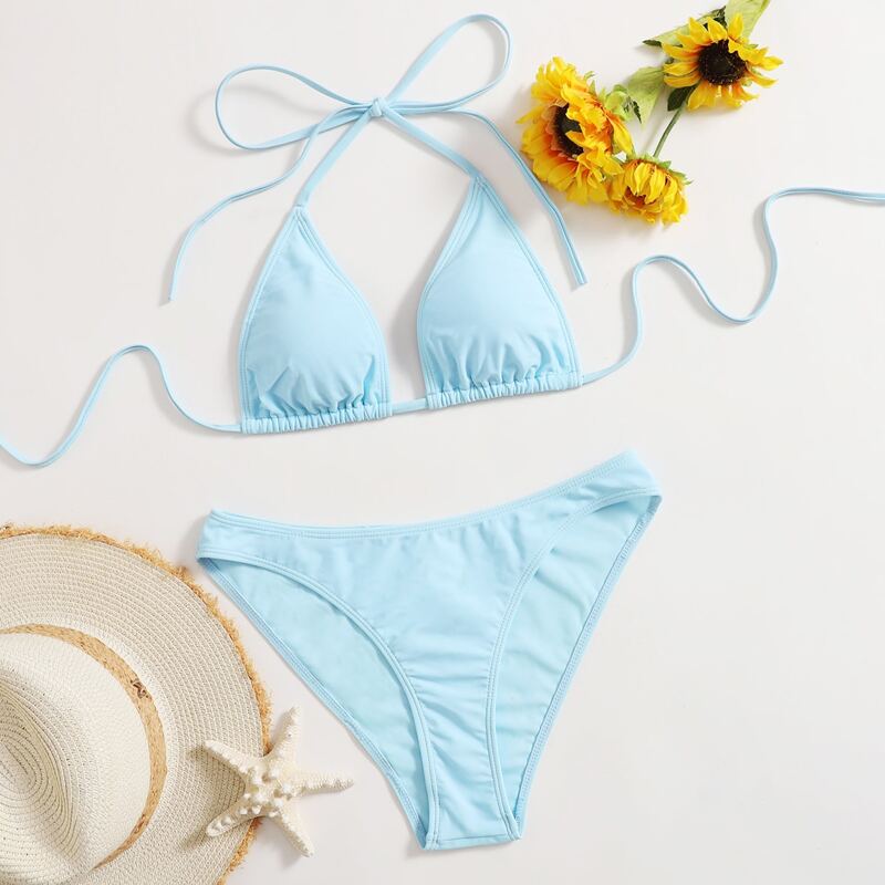 

Solid Triangle Halter Bikini Swimsuit, Baby blue