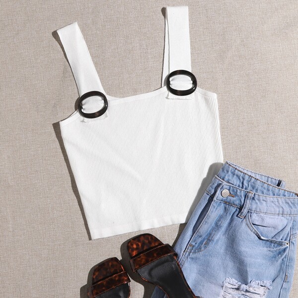 

O-ring Detail Rib-knit Top, White