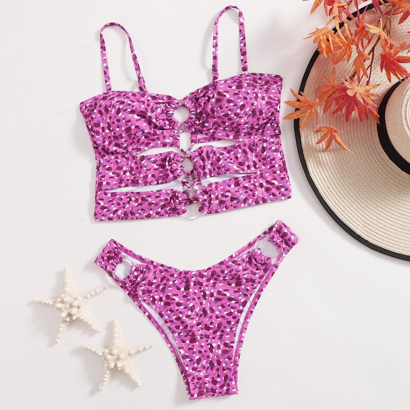 

Spot pattern Ring Linked Bikini Swimsuit, Multicolor